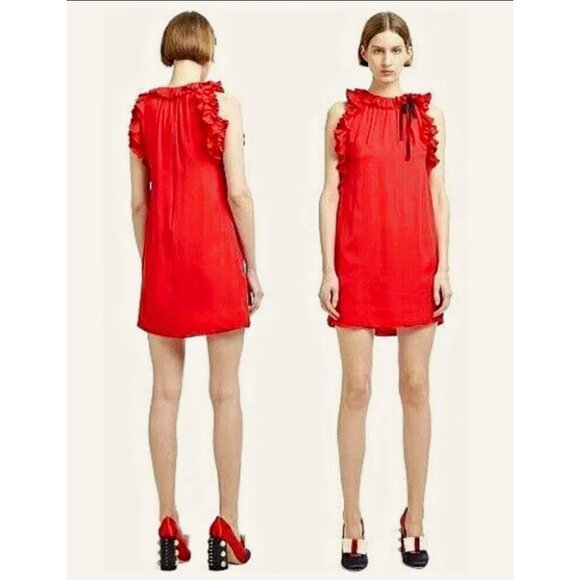 Gucci Red Silk Sleeveless Ruffle Dress Size 44 | Made in Italy | - Picture 3 of 9